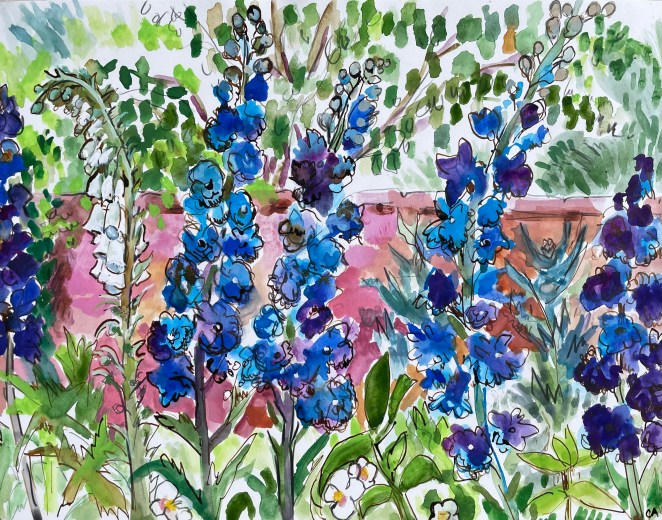Delphinium and Foxglove on red wall -please contact me direct clarespace@live.co.uk